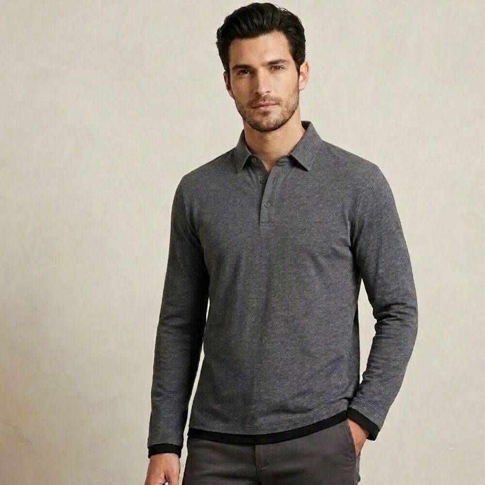 Vince Polo Shirt Mens Medium Pima Cotton Collared Gray Long Sleeve Preppy